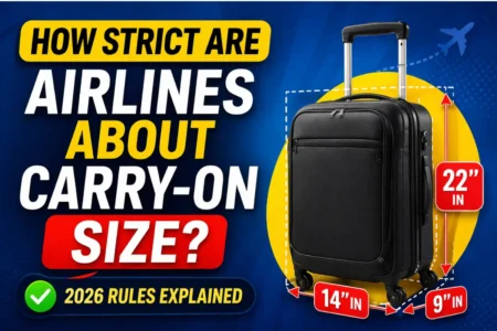 Airline carry-on size check 2026 showing oversized suitcase rejected with extra baggage fees warning
