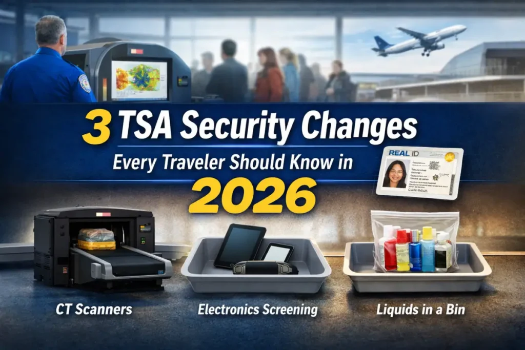 Illustration of TSA security changes in 2026 showing CT scanners, electronics screening in bins, and liquids bag rules at airport checkpoint