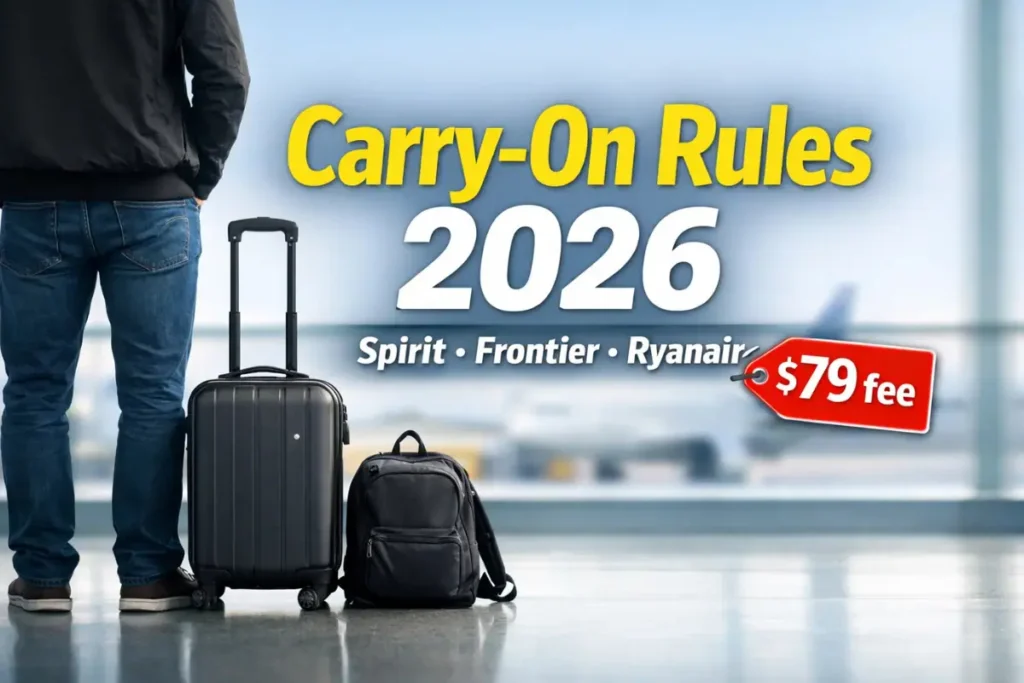Budget Airlines Carry-On Rules (Spirit, Frontier, Ryanair) – 2026 Complete Guide Traveler at airport with carry-on bag comparing Spirit Frontier and Ryanair baggage rules 2026