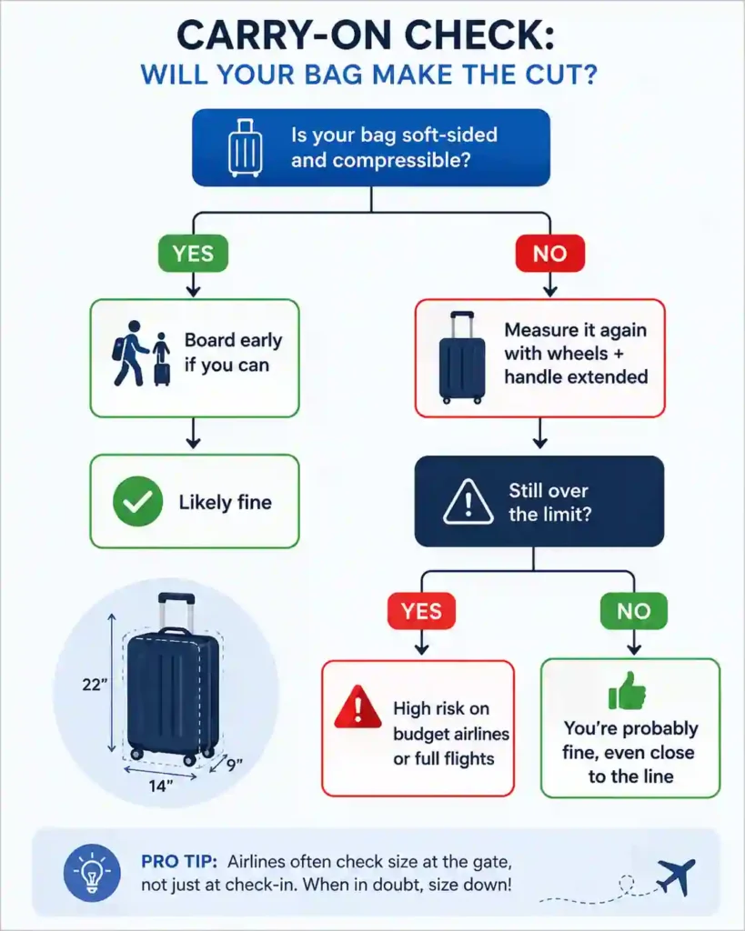 Are Airlines Really Strict About Carry-On Size in 2026? 2 Traveler placing a carry-on suitcase into an airline sizer box before boarding in 2026
