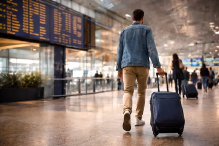 Traveler at airport with carry-on luggage illustrating US airline size limits and baggage rules for 2026