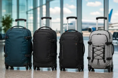 Four wheeled travel backpacks lined up inside a modern airport terminal with airplane views in the background, featuring carry-on sized rolling backpacks for travel in 2026.