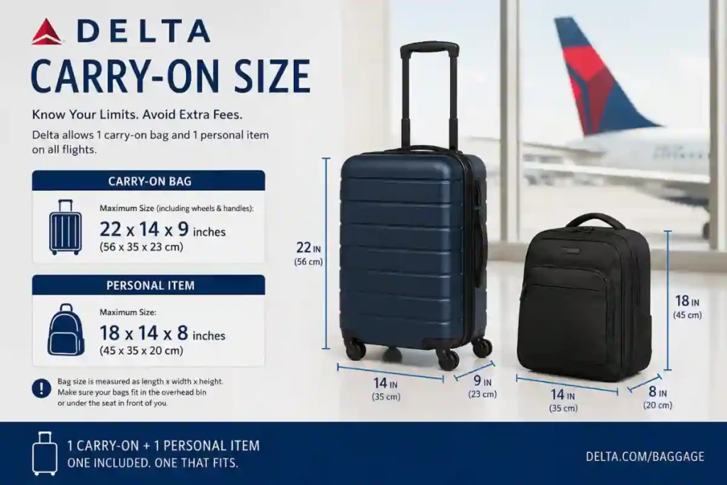 Delta Carry-On Size Guide 2026: Rules, Fees & What Actually Fits 1 Carry-on bag checklist before a Delta flight with compression packing cubes