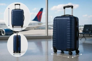 Traveler checking a suitcase at a Delta Air Lines airport counter with text highlighting 2026 checked baggage fees, weight limits, oversize bag charges, and free checked bag rules for Delta passengers.