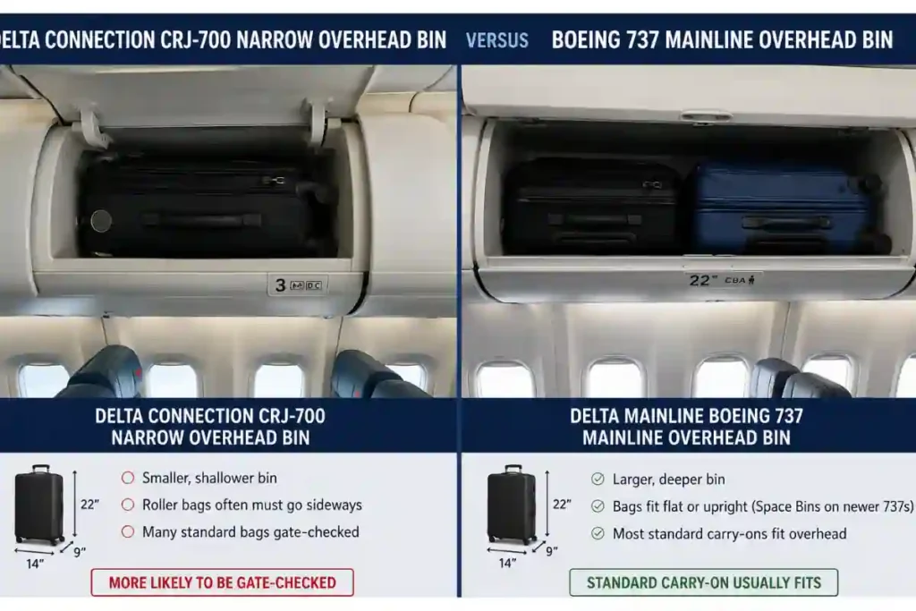 Delta Carry-On Size Guide 2026: Rules, Fees & What Actually Fits 2 Delta Connection CRJ-700 narrow overhead bin versus Boeing 737 mainline overhead bin