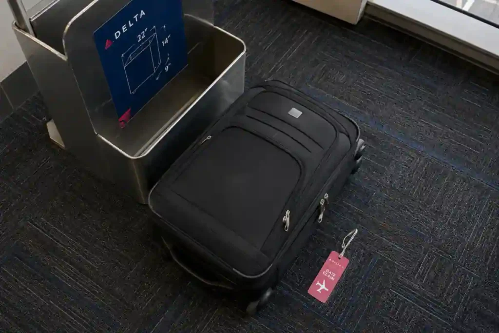 Delta Carry-On Size Guide 2026: Rules, Fees & What Actually Fits 3 Delta carry-on sizer box at airport gate with 22x14x9 inch dimensions labeled