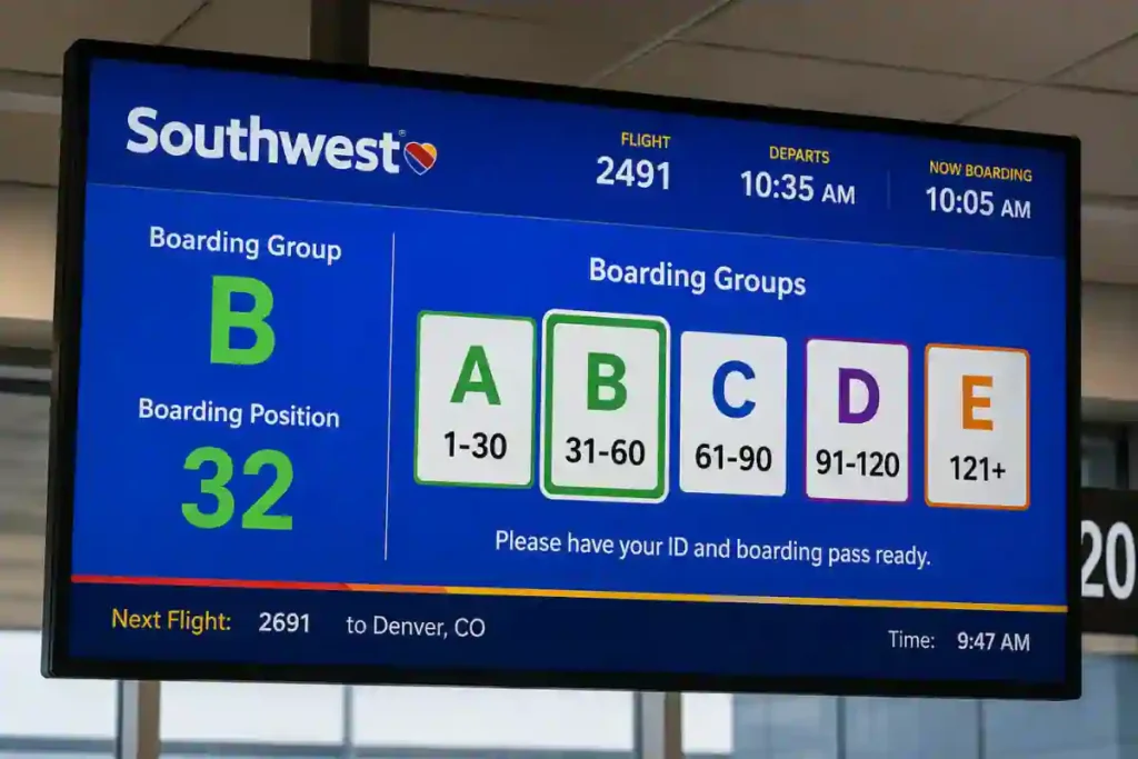 Southwest Airlines Carry-On Size Guide 2026: The Most Generous Policy in the US 2 Southwest Airlines boarding group display screen at gate