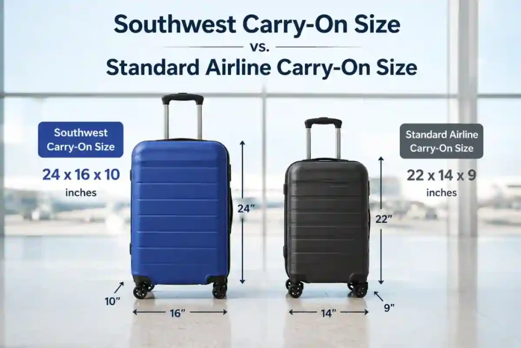 Southwest Airlines Carry-On Size Guide 2026: The Most Generous Policy in the US 1 Southwest carry-on size 24x16x10 inches compared to standard 22x14x9 airline sizing