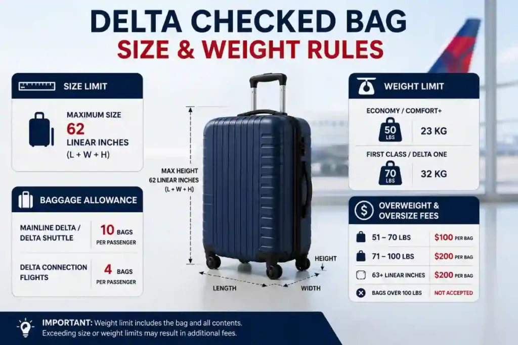 Delta Checked Baggage Policy 2026: New Fees, Rules & How to Avoid Paying More 1 Delta raised checked bag fees in 2026 ✈️ Learn the new baggage charges, free bag eligibility, oversize rules, and smart ways to avoid paying extra before your next flight.