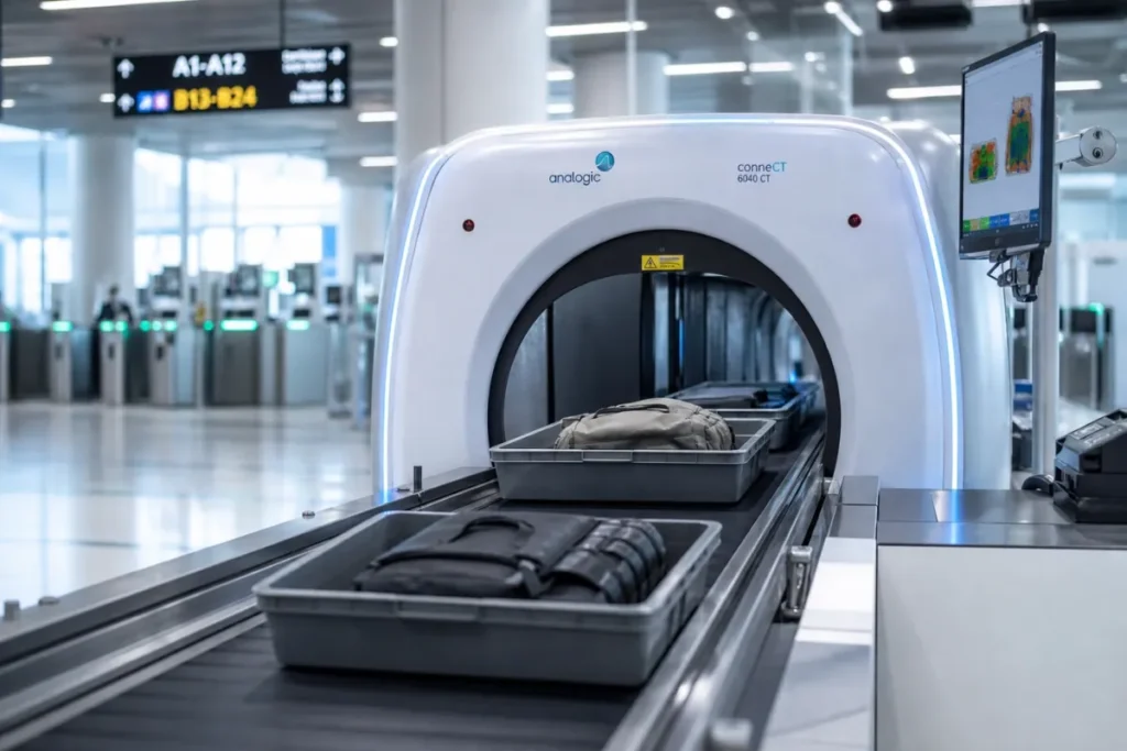 TSA CT scanner at airport security 
     checkpoint 3D baggage screening 2026