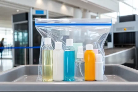 TSA liquid rules 2026 — quart-sized bag with travel-size bottles at airport security checkpoint