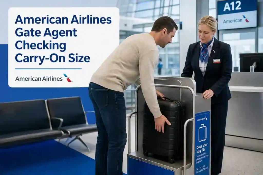 American Airlines Baggage Fees & Allowances (2026): Checked Bag Costs, Weight Limits & Free Bag Tips 2 Passenger placing a carry-on suitcase into an airline baggage sizer while a gate agent checks the bag before boarding.
