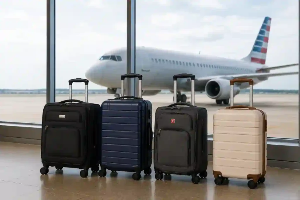 American Airlines Baggage Fees & Allowances (2026): Checked Bag Costs, Weight Limits & Free Bag Tips 4 Four airline-approved travel bags including a carry-on suitcase and personal item backpack that fit American Airlines baggage limits.