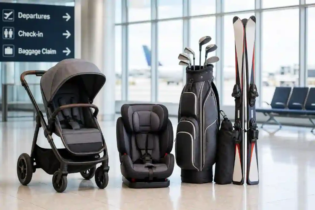American Airlines Baggage Fees & Allowances (2026): Checked Bag Costs, Weight Limits & Free Bag Tips 6 Family checking a stroller and sports equipment at an American Airlines baggage counter before boarding.