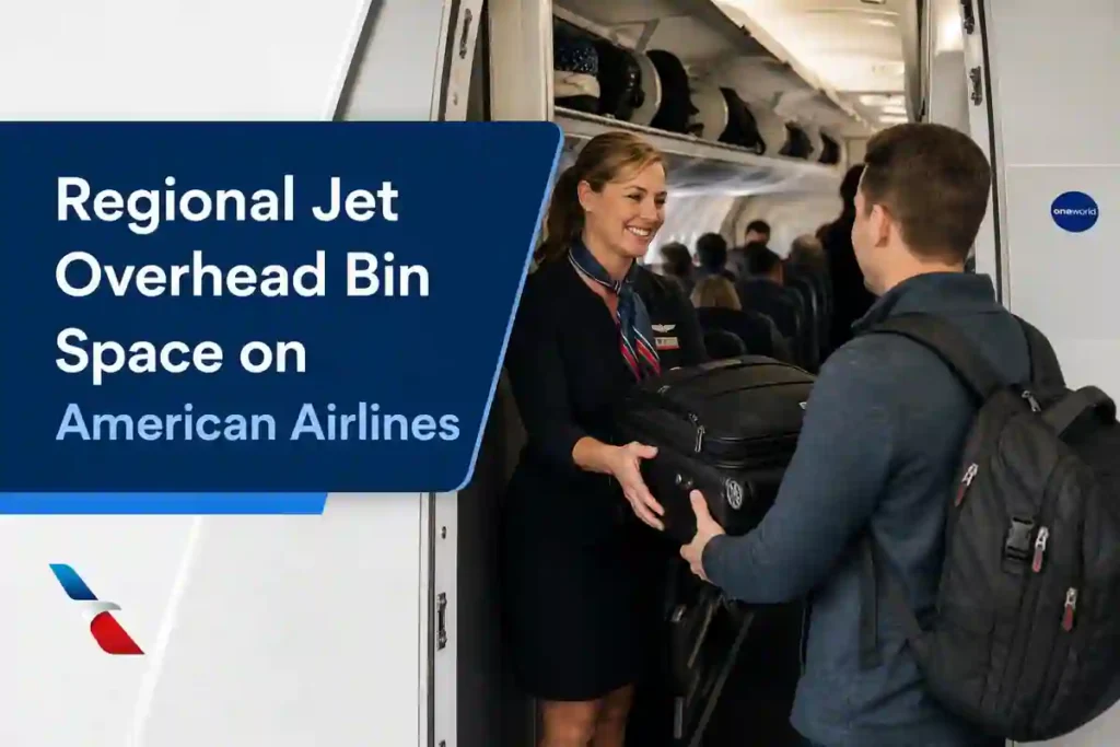 American Airlines Baggage Fees & Allowances (2026): Checked Bag Costs, Weight Limits & Free Bag Tips 3 Traveler gate-checking a carry-on suitcase beside a regional Embraer aircraft because overhead bins are full.